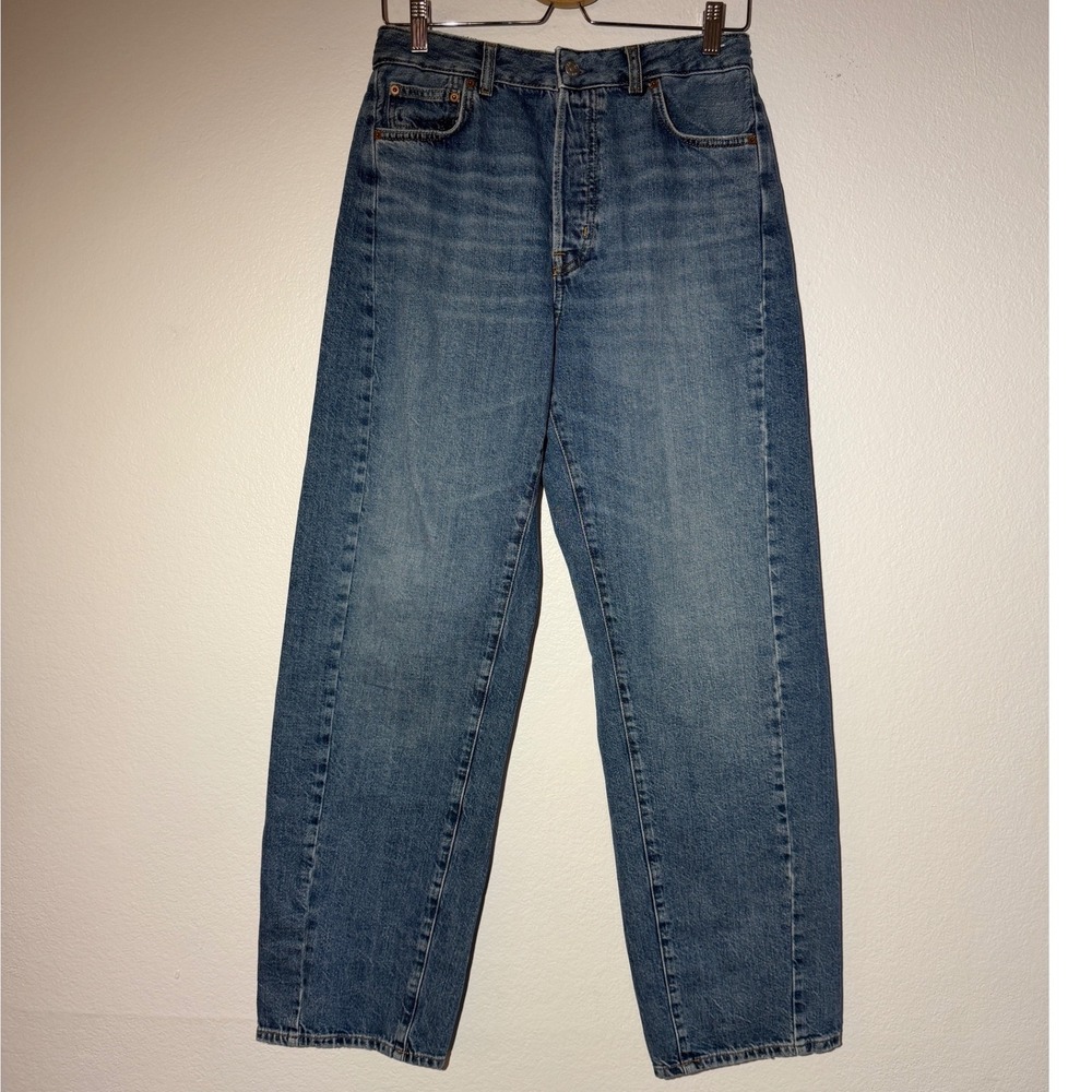 Madewell Curvy Pieced Barrel-Leg Jean Blue Denim Button Fly High Rise Size 28